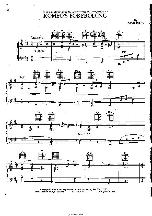 Noten Nino Rota - Romeo's Foreboding - Klavier.Solo