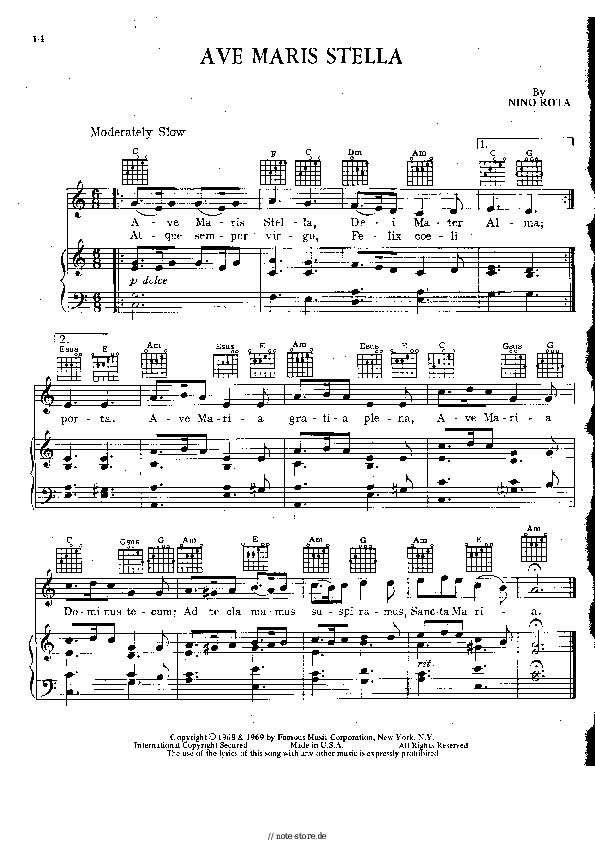 Noten mit Gesang Nino Rota - Ave Maris Stella - Klavier&Gesang