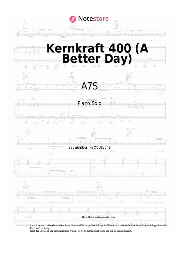 Noten Topic, A7S - Kernkraft 400 (A Better Day) - Klavier.Solo