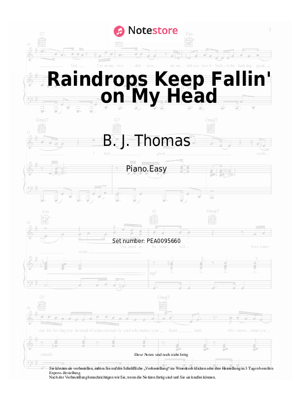 Einfache Noten B. J. Thomas - Raindrops Keep Fallin' on My Head - Klavier.Easy