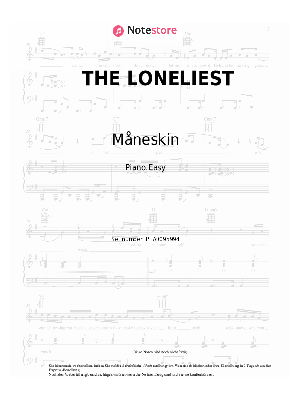 Einfache Noten Måneskin - THE LONELIEST - Klavier.Easy