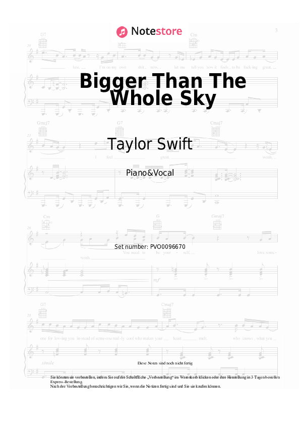 Noten mit Gesang Taylor Swift - Bigger Than The Whole Sky - Klavier&Gesang