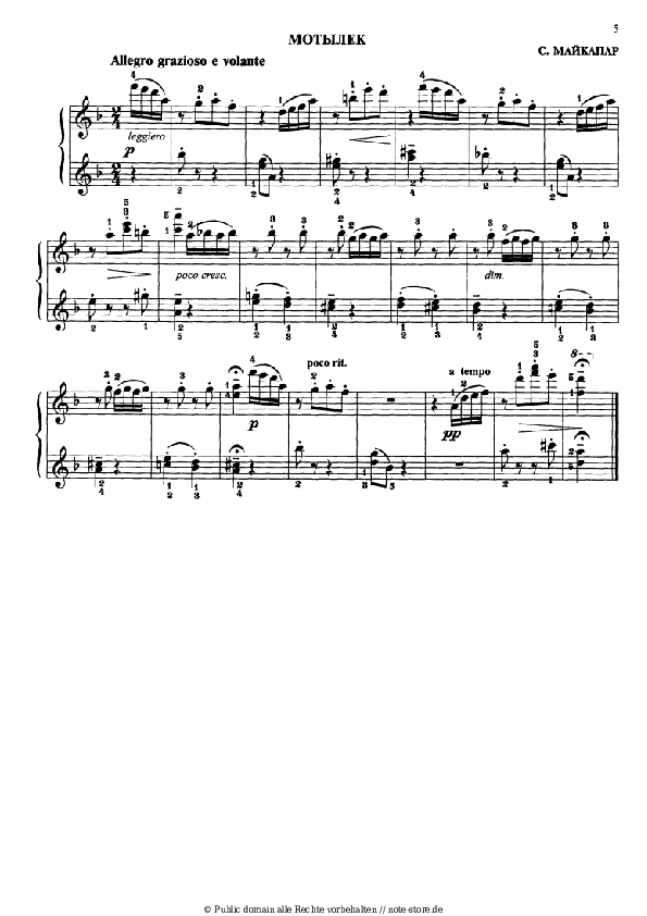 Einfache Noten Samuel Maykapar - Мотылёк - Klavier.Easy