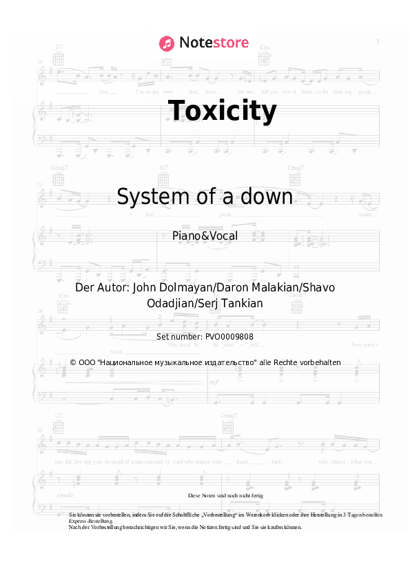 Noten mit Gesang System of a down - Toxicity - Klavier&Gesang