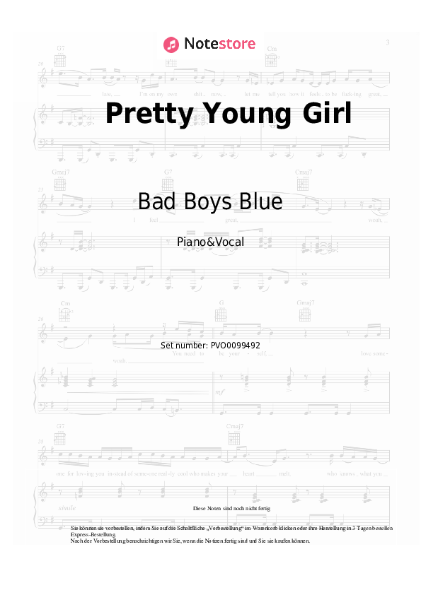 Noten mit Gesang Bad Boys Blue - Pretty Young Girl - Klavier&Gesang