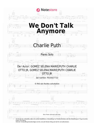 Noten, Akkorde Charlie Puth, Selena Gomez - We Don't Talk Anymore