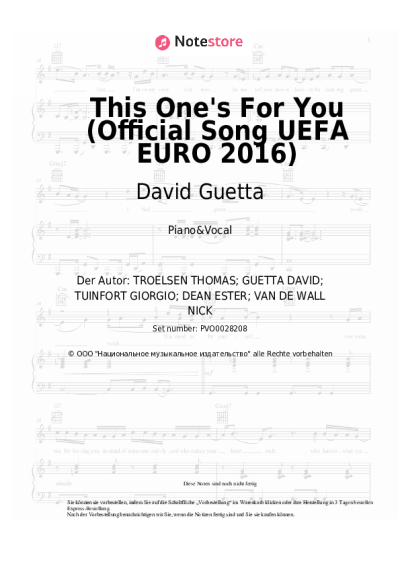 Noten, Akkorde David Guetta, Zara Larsson - This One's For You (Official Song UEFA EURO 2016)