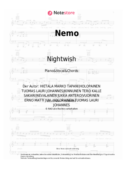 Noten, Akkorde Nightwish - Nemo