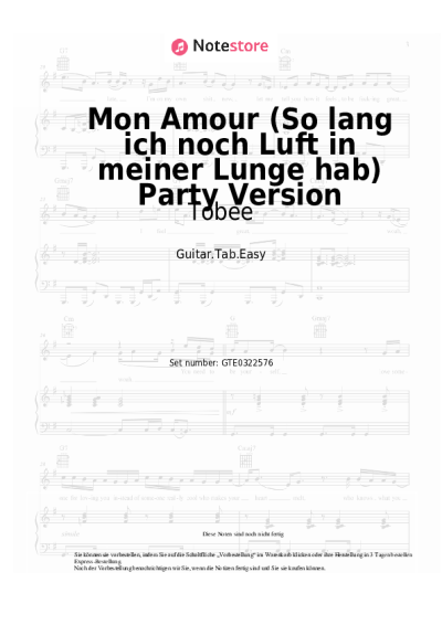 Noten, Akkorde Tobee - Mon Amour (So lang ich noch Luft in meiner Lunge hab) Party Version