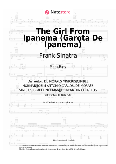 Noten, Akkorde Frank Sinatra, Antonio Carlos Jobim - The Girl From Ipanema (Garota De Ipanema)