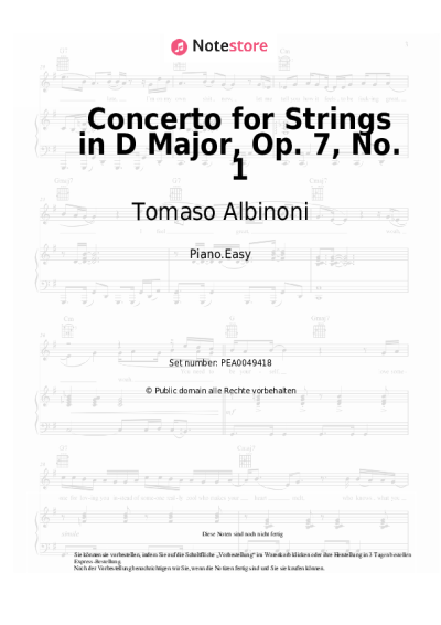Noten, Akkorde Tomaso Albinoni - Concerto for Strings in D Major, Op. 7, No. 1