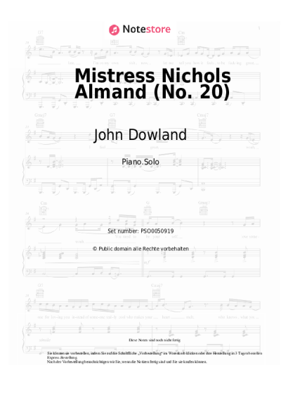 Noten, Akkorde John Dowland - Mistress Nichols Almand (No. 20)
